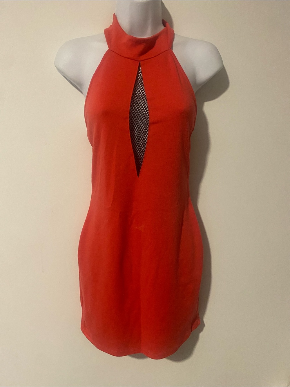 The Limited Red Halter Midi Dress with Front Mesh Keyhole